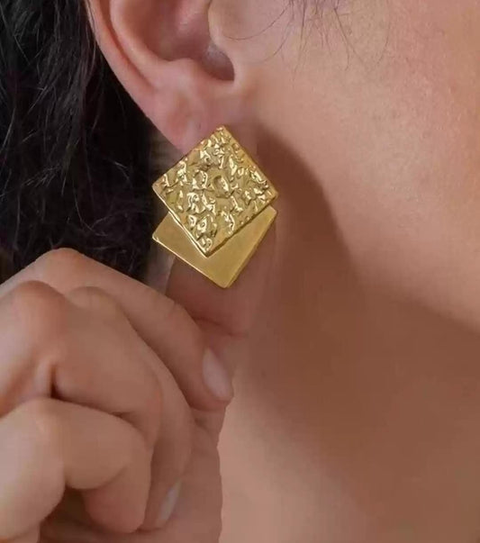 Hammered Square Drop Gold Stud Earrings