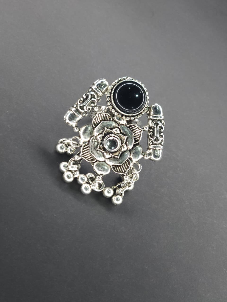 Lotus Charm Oxidized Stone Statement Ring - Black