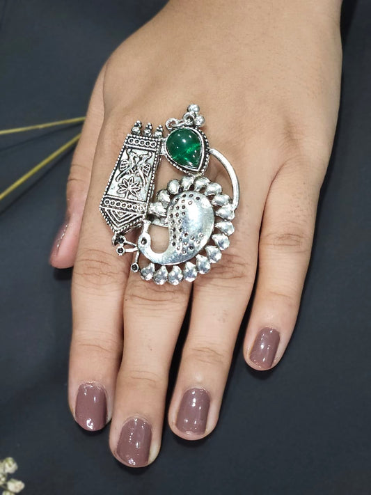 Peacock Green Oxidized Silver Statement Ring
