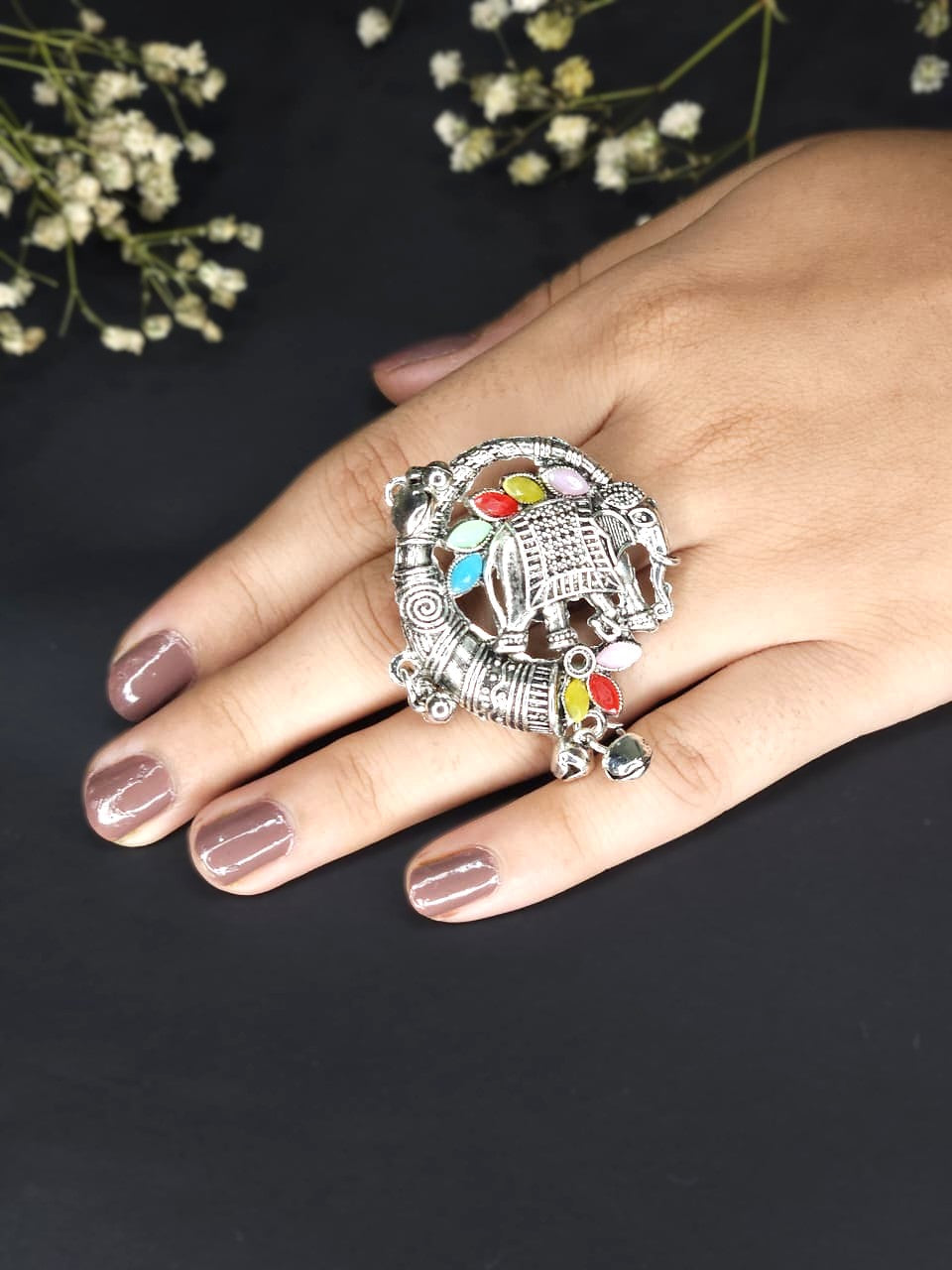 Tribal Elephant Multicolor Oxidized Statement Ring
