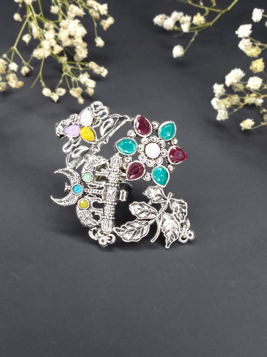 Boho Multicolor Floral Butterfly Oxidized Statement Ring