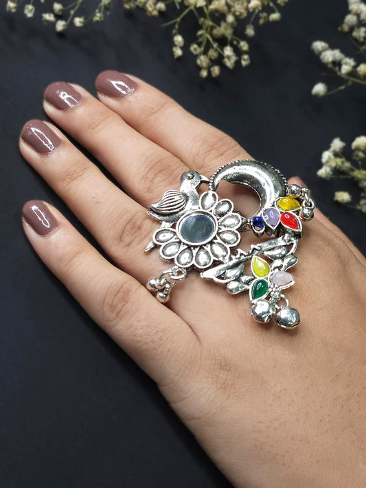 Moonlit Harmony Bird & Bloom Oxidized Statement Ring