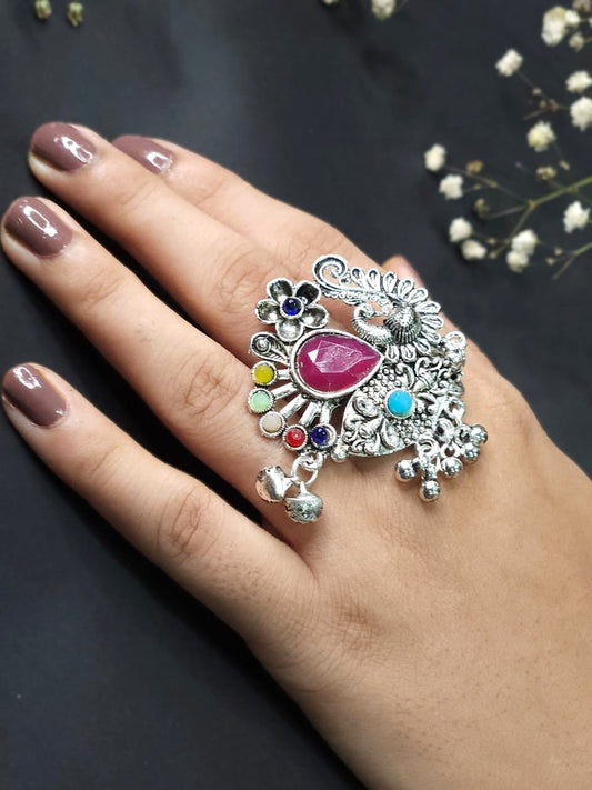 Peacock Blossom Oxidized Rani Pink Statement Ring