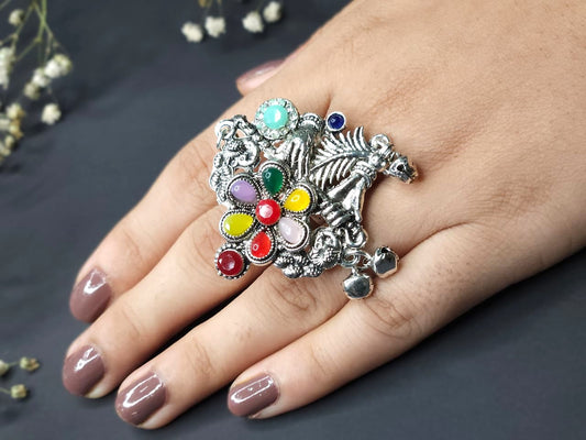 Festival Horse Floral Oxidized Multicolor Statement Ring