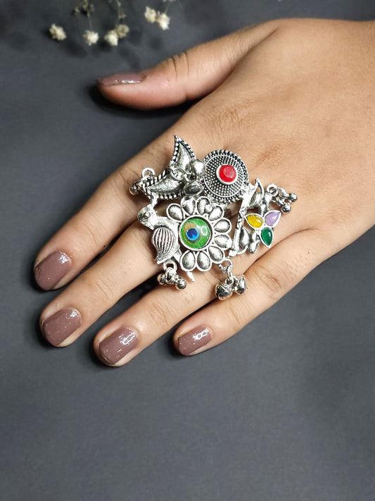 Peacock Feather Melody Oxidized Multicolor Statement Ring