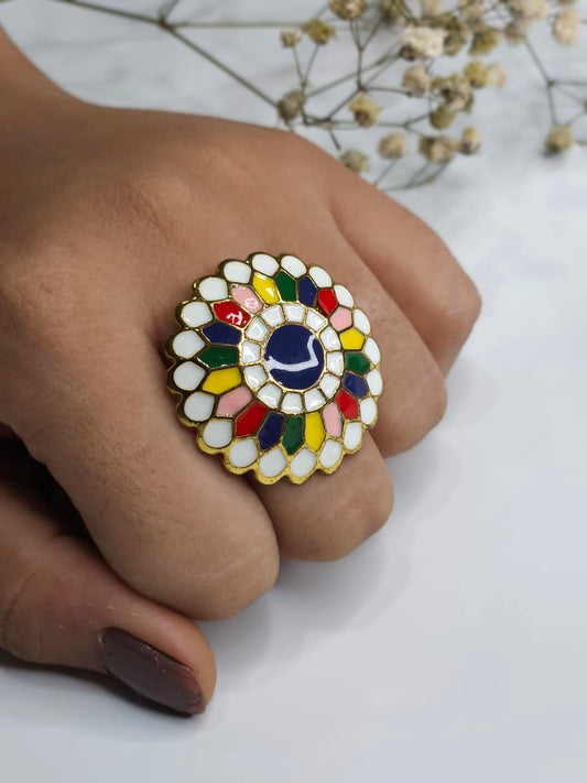 Mosaic Daisy Multicolor Adjustable Gold Plated Ring