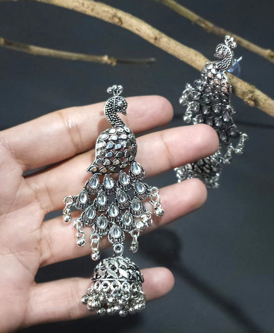 Oxidized Peacock Jhumka Earrings - Big