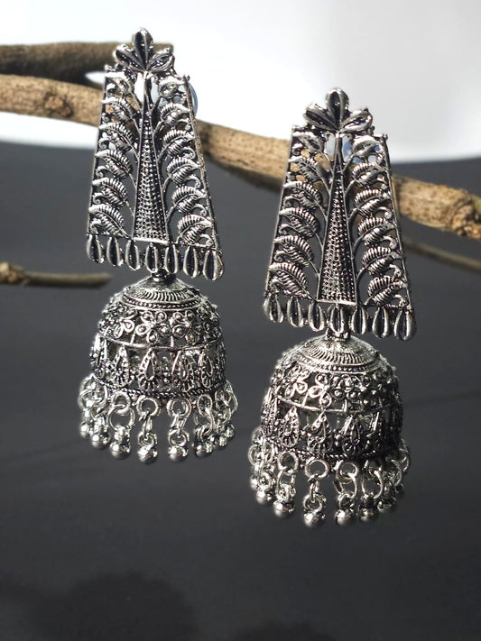 Temple Pillar Oxidized Statement Jhumka Earrings - Big