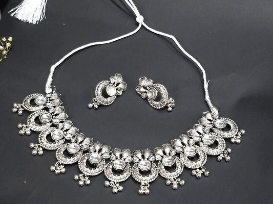 Mirror Work Oxidized Necklace Set – Crescent Motif