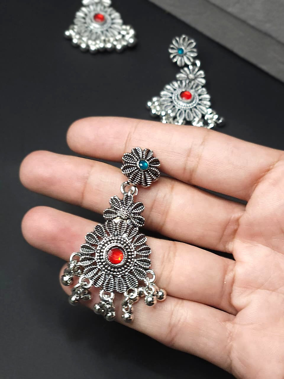 Oxidized Floral Choker Necklace Set with Maang Tikka – Multicolor Stones