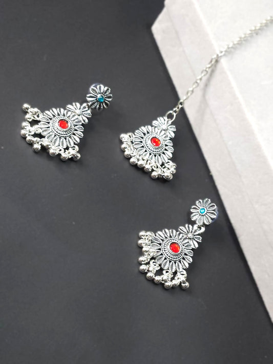 Oxidized Floral Choker Necklace Set with Maang Tikka – Multicolor Stones