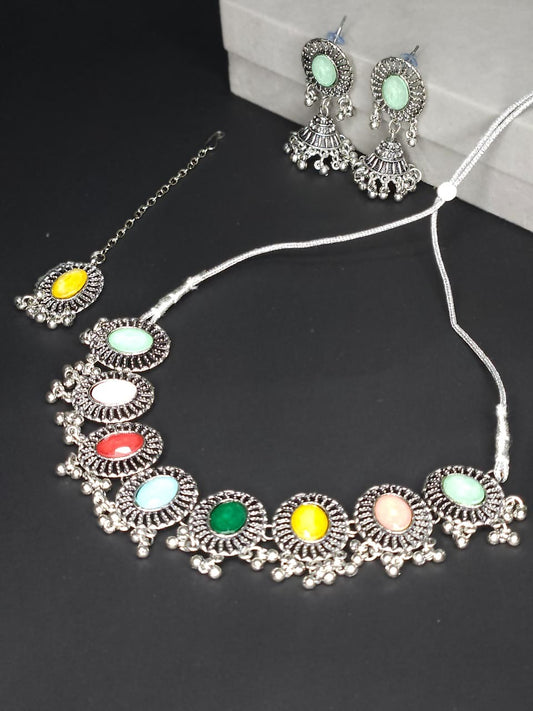 Multicolor Stone Oxidized Necklace Set with Maang Tikka