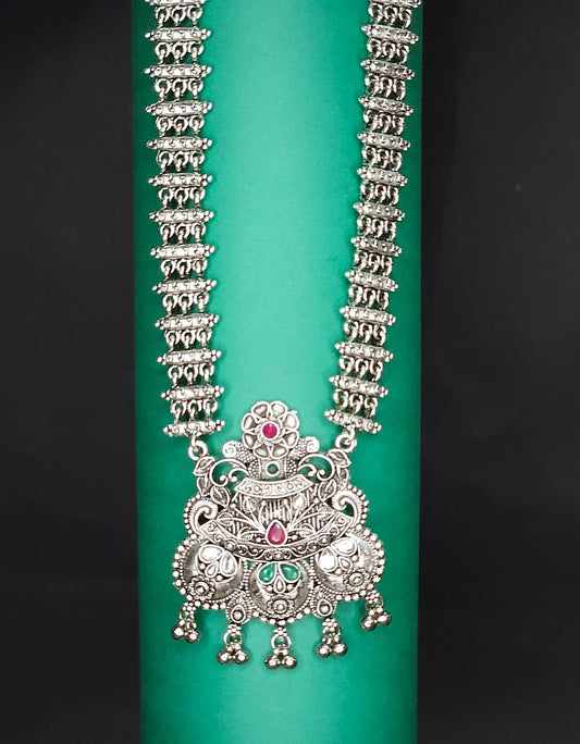 Antique Temple Oxidized Silver Long Necklace Set