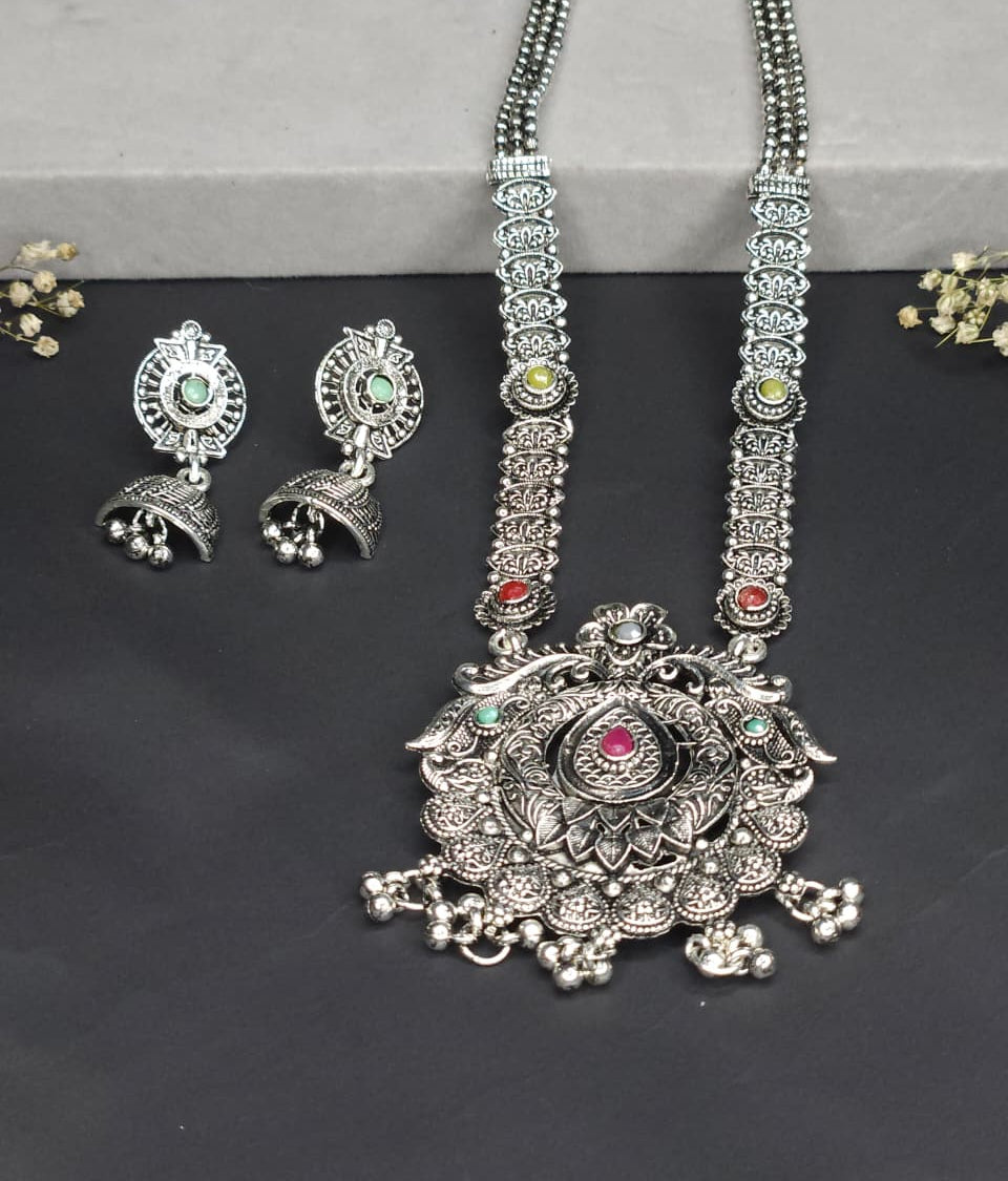 Antique Oxidized Long Necklace Set - Pink