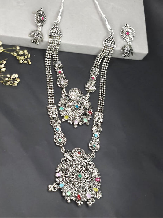 Multicolor Oxidized Double Layer Long Necklace Set - Green & Blue