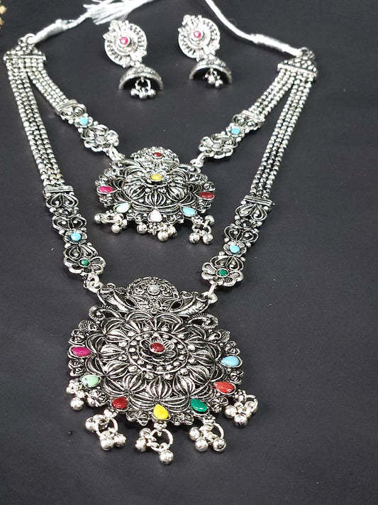 Multicolor Oxidized Double Layer Long Necklace Set - Pink & Yellow