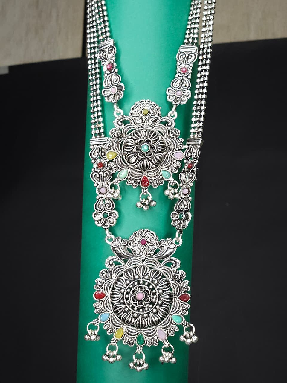 Multicolor Oxidized Double Layer Long Necklace Set - Pink & Blue