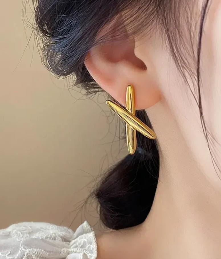 X Shaped Gold Plated Stud Earrings