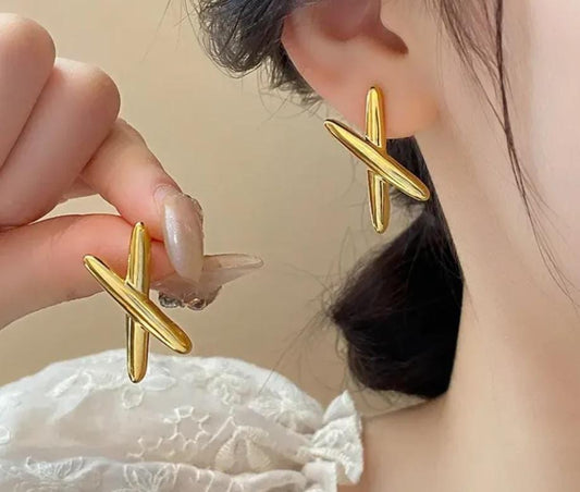 X Shaped Gold Plated Stud Earrings