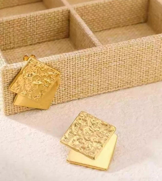 Hammered Square Drop Gold Stud Earrings