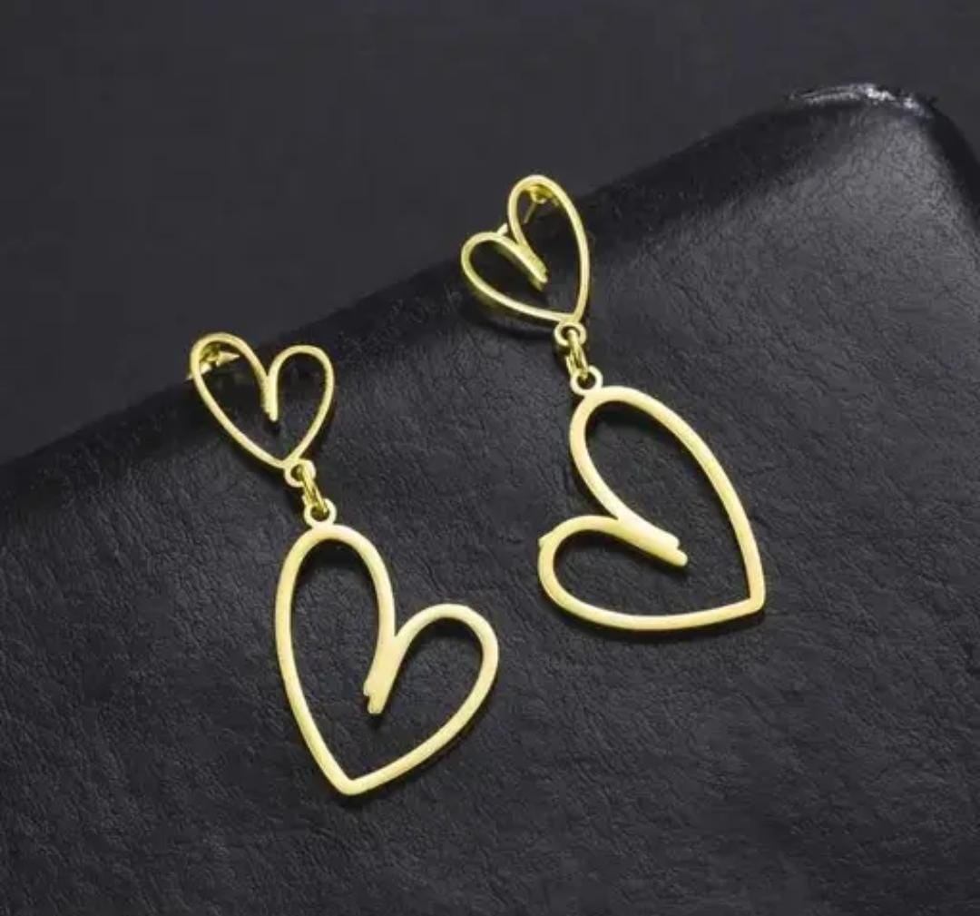 Double Heart Gold Plated Drop Earrings