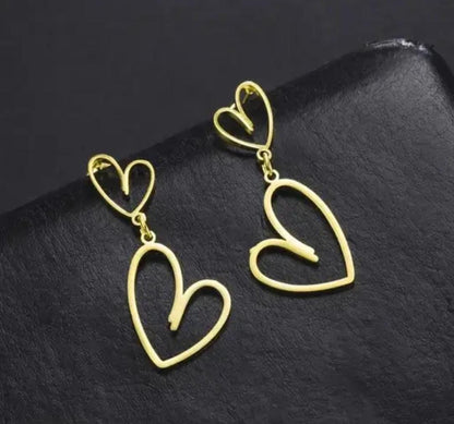 Double Heart Gold Plated Drop Earrings