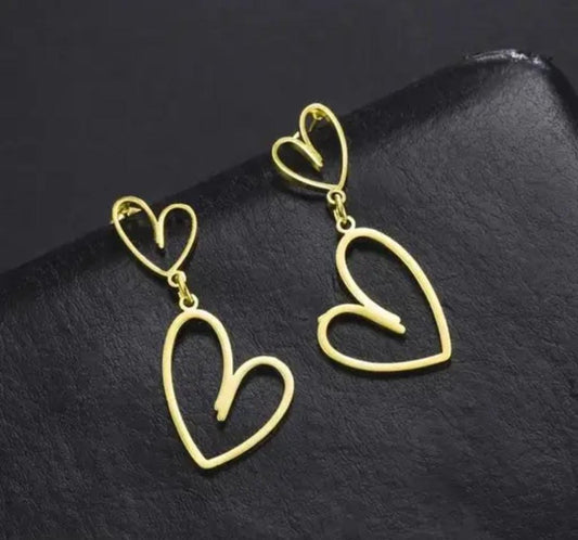 Double Heart Gold Plated Drop Earrings