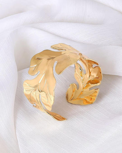 Embossed Leaf Gold Cuff Bracelet