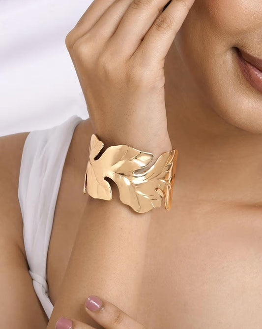 Embossed Leaf Gold Cuff Bracelet