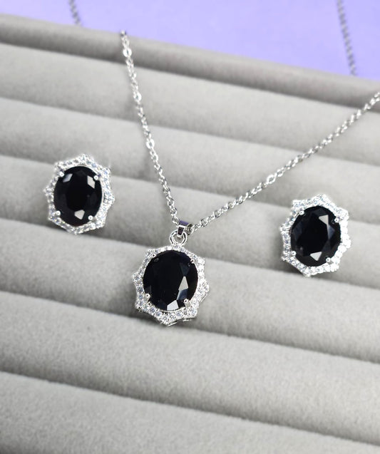 Midnight Elegance Black Crystal Jewelry Set - Silver Tone