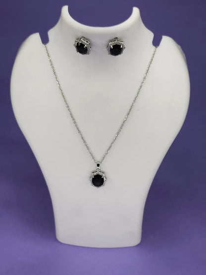 Midnight Elegance Black Crystal Jewelry Set - Silver Tone