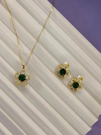 Emerald Blossom Floral Jewelry Set - Gold Tone