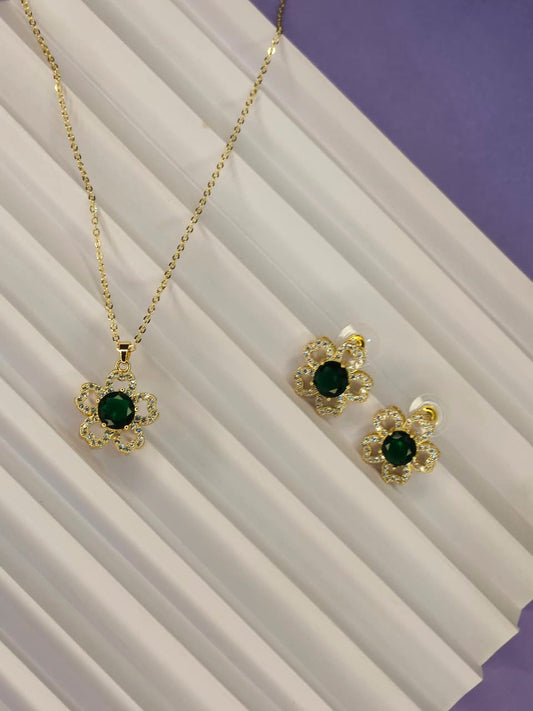 Emerald Blossom Floral Jewelry Set - Gold Tone