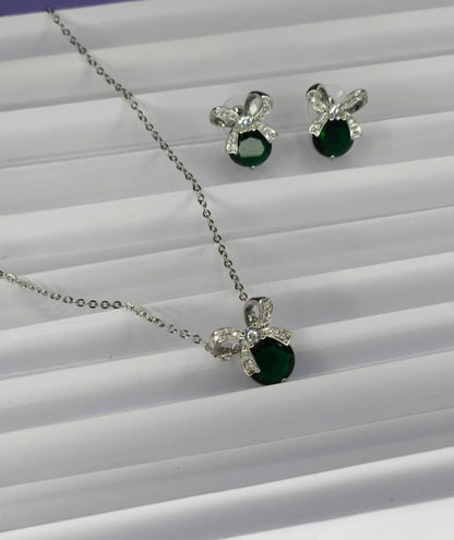 Emerald Bow Elegance Jewelry Set - Silver Tone