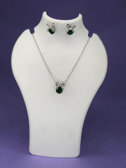 Emerald Bow Elegance Jewelry Set - Silver Tone