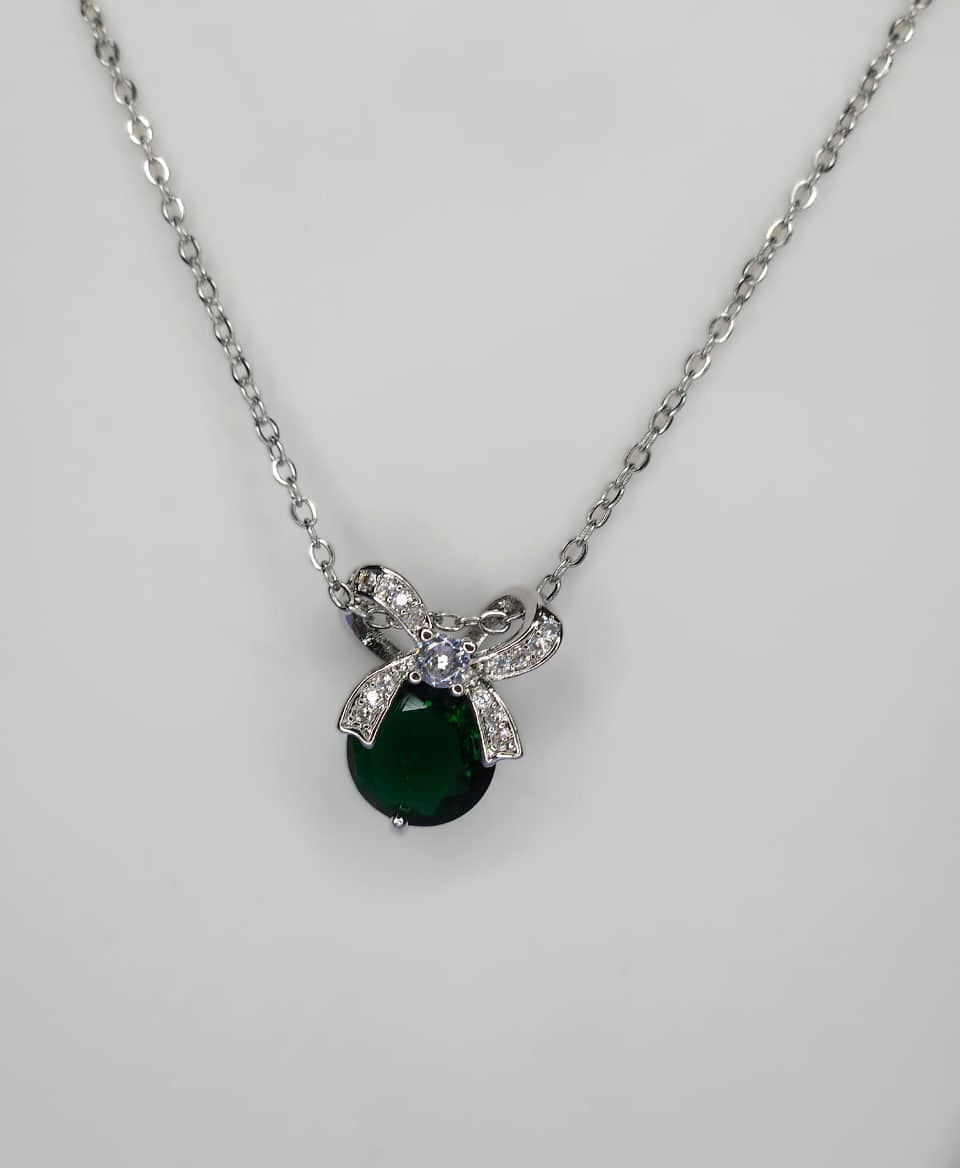 Emerald Bow Elegance Jewelry Set - Silver Tone