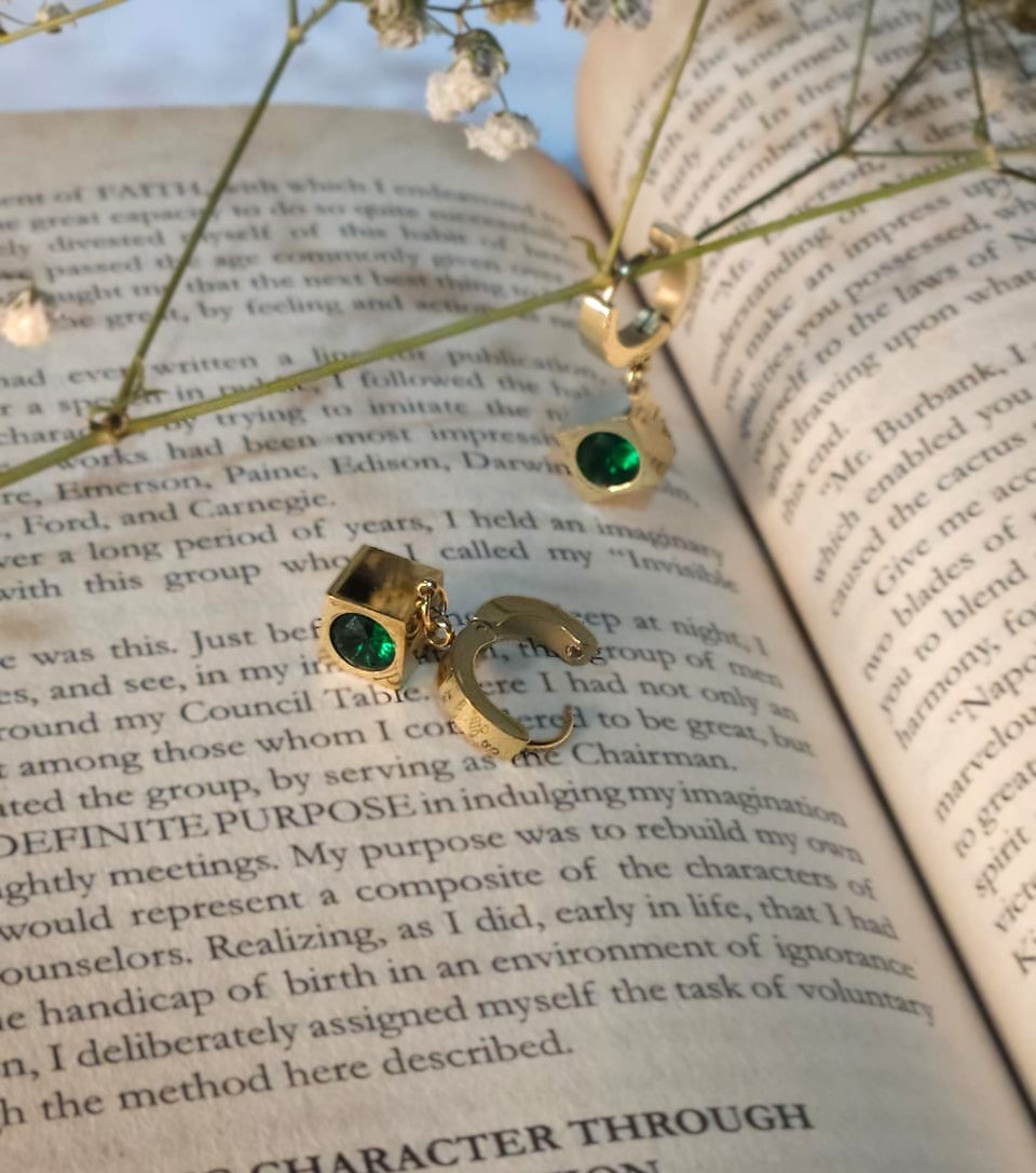 Emerald Cube Gold Plated Drop Hoop Earrings