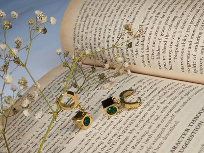 Emerald Cube Gold Plated Drop Hoop Earrings