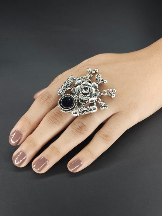 Lotus Charm Oxidized Stone Statement Ring - Black