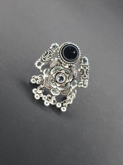 Lotus Charm Oxidized Stone Statement Ring - Black