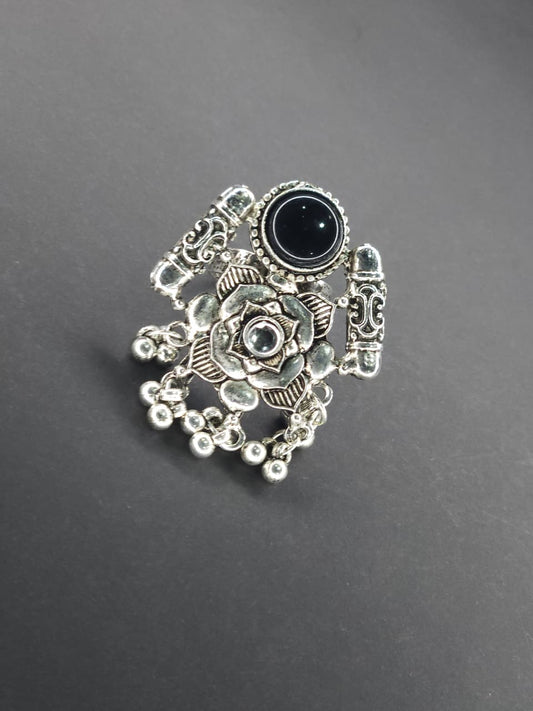 Lotus Charm Oxidized Stone Statement Ring - Black