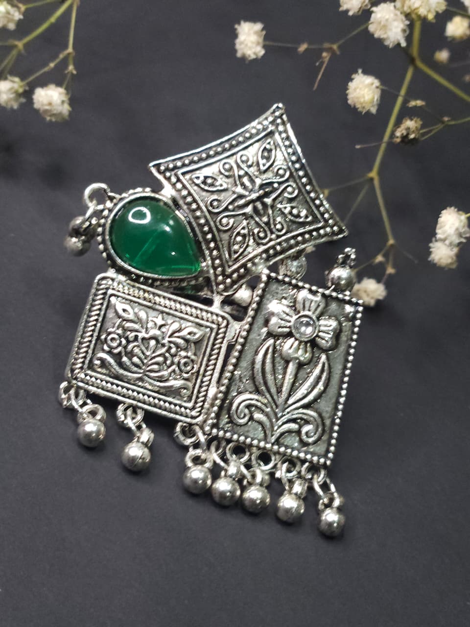 Tribal Tiles Oxidized Green Stone Statement Ring