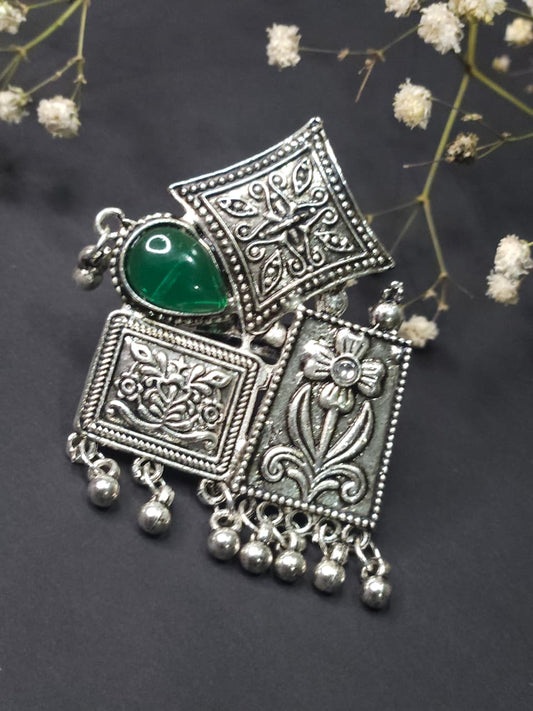 Tribal Tiles Oxidized Green Stone Statement Ring