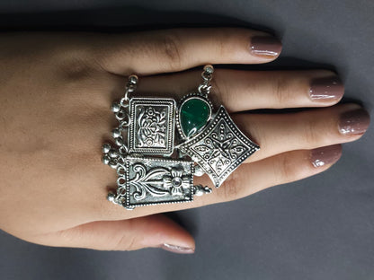 Tribal Tiles Oxidized Green Stone Statement Ring