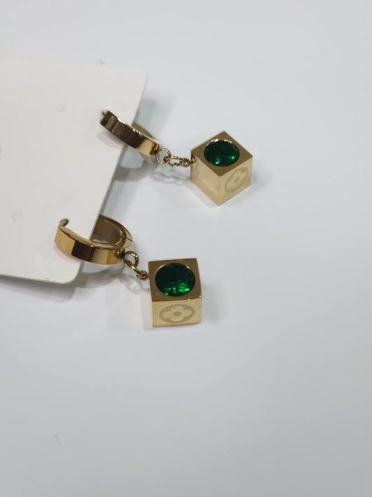 Emerald Cube Gold Plated Drop Hoop Earrings