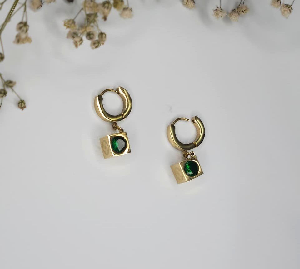 Emerald Cube Gold Plated Drop Hoop Earrings