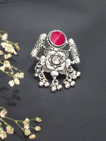 Lotus Charm Oxidized Stone Statement Ring - Pink