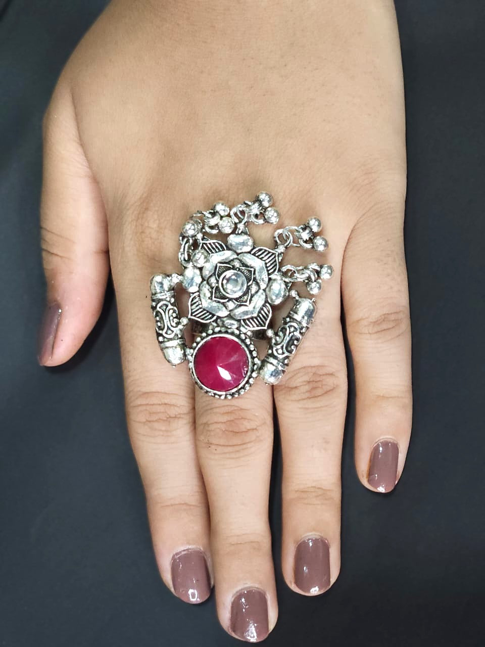 Lotus Charm Oxidized Stone Statement Ring - Pink