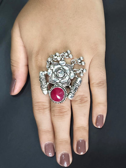 Lotus Charm Oxidized Stone Statement Ring - Pink