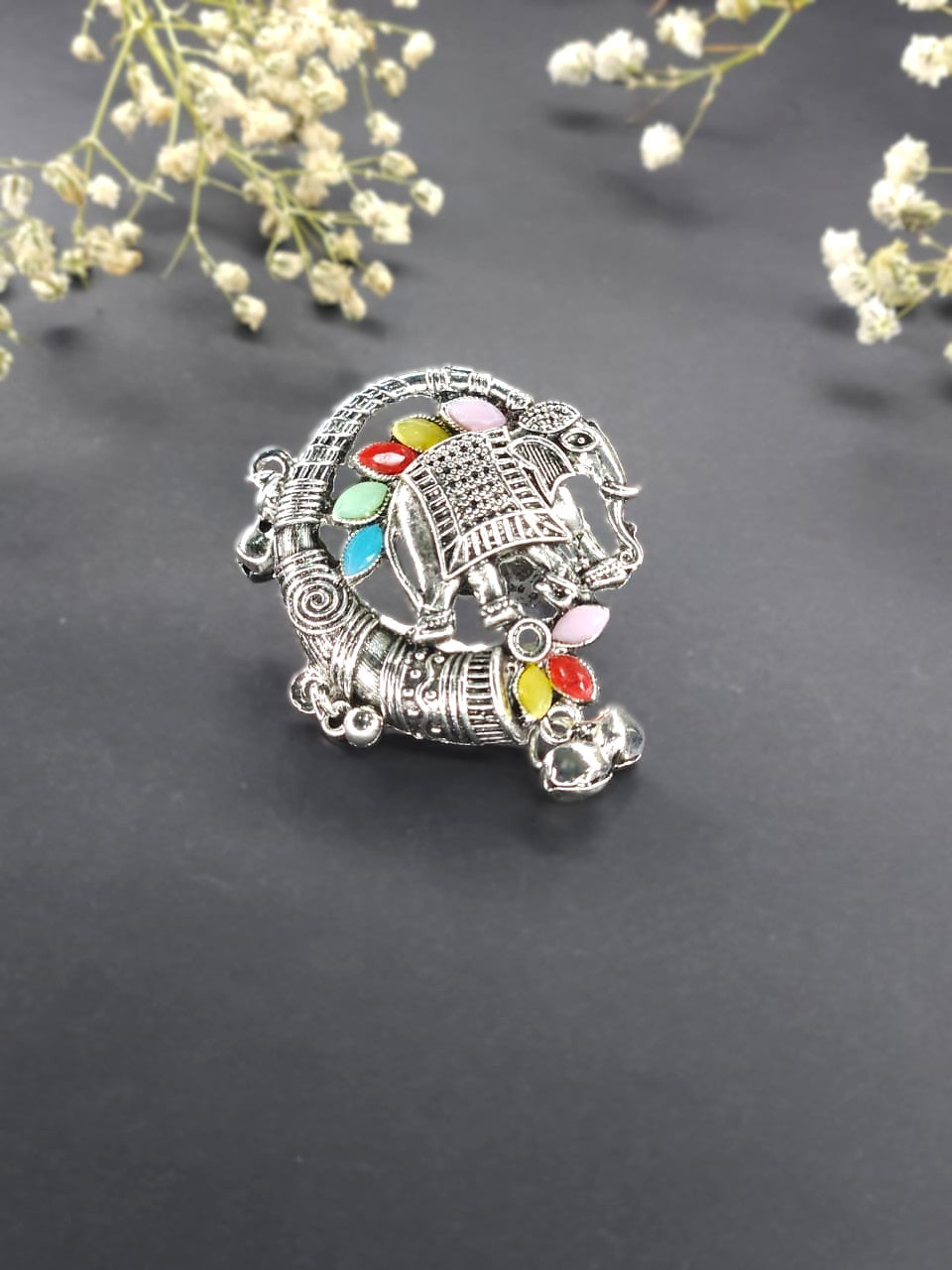 Tribal Elephant Multicolor Oxidized Statement Ring